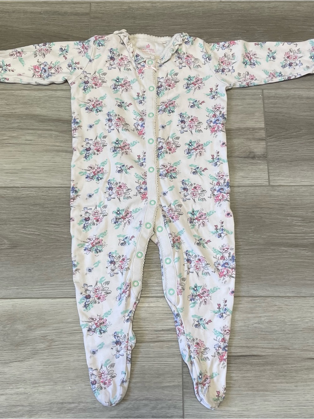 3/15 Floral Print Baby Snap Up Onesie - White with Pink & Green